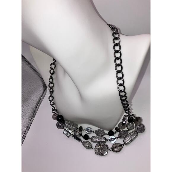 3 Tier Sparkly Silver-Tone, Gray & Clear Beaded Chain 24.5" Necklace! - Picture 8 of 11